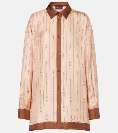 Gucci Horsebit Oversized Silk Shirt In Brown