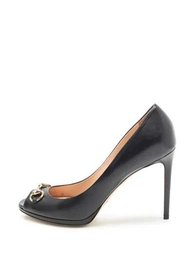 Pre-owned Gucci Horsebit Peep-toe Heeled Pumps In Black