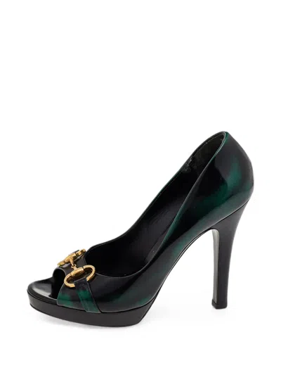 Pre-owned Gucci Horsebit Peep-toe Leather Heeled Pumps In Green