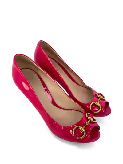 Pre-owned Gucci Horsebit Peep-toe Pumps In Pink