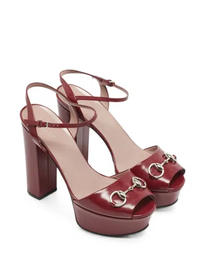 Pre-owned Gucci Horsebit Platform Ankle Strap Sandals In Red