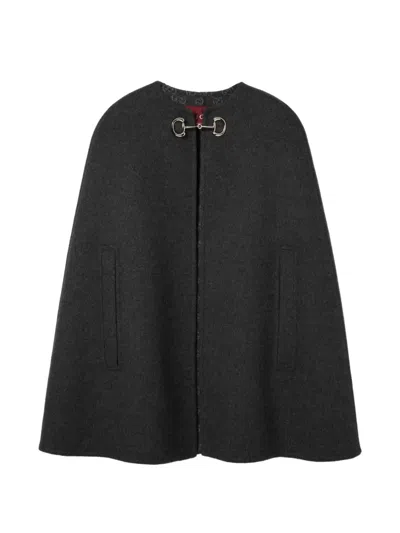 Gucci Women Black Cape With Clamp Closure On The Front And Internal Gg Motif In Wool And Silk Woman In Gray