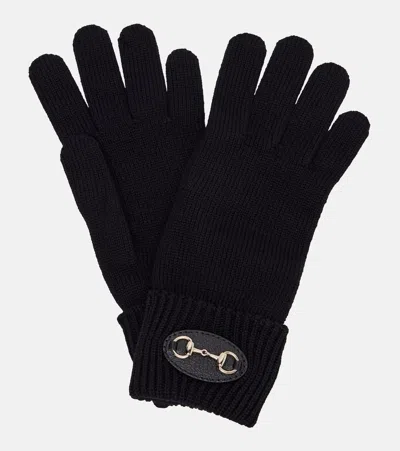 Gucci Horsebit Ribbed-knit Wool Gloves In Black