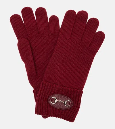 Gucci Horsebit Ribbed-knit Wool Gloves In Burgundy