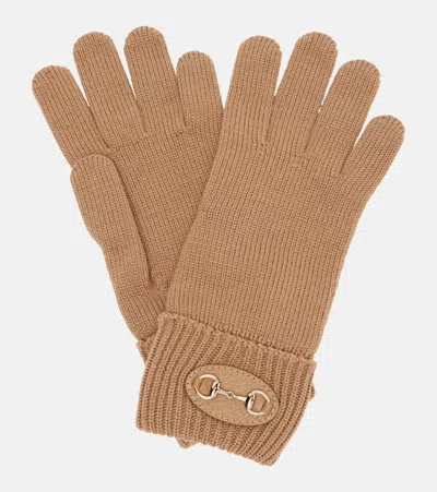 Gucci Horsebit Ribbed-knit Wool Gloves In Sand