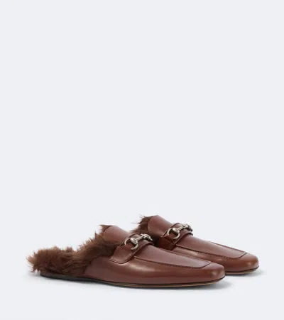 Gucci Horsebit Shearling-lined Leather Mules In Brown