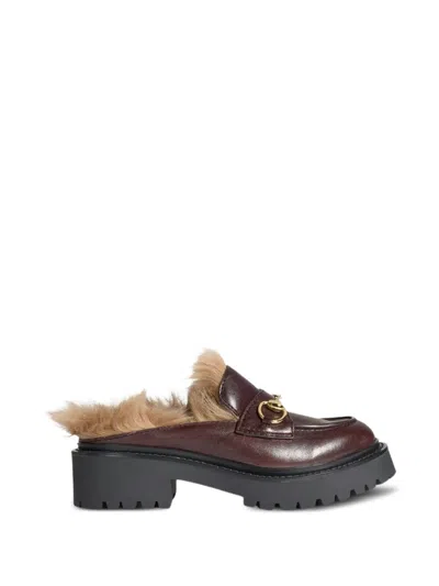Gucci Horsebit Shearling-lined Mules In Burgundy