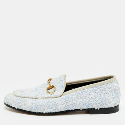 Pre-owned Gucci Horsebit Size 35.5 Blue/white Leather And Tweed Loafers
