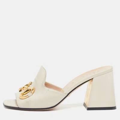 Pre-owned Gucci Horsebit Size 36.5 Cream Leather Block Heel Slide Sandals In White