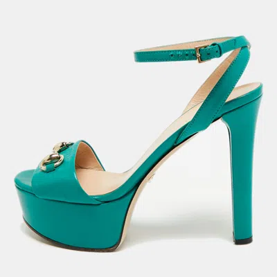 Pre-owned Gucci Horsebit Size 36.5 Green Leather Platform Ankle Strap Sandals