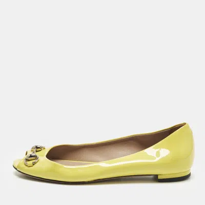 Pre-owned Gucci Horsebit Size 36.5 Yellow Patent Leather Peep Toe Ballet Flats