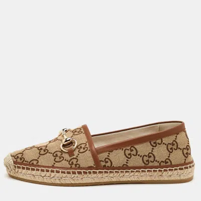 Pre-owned Gucci Horsebit Size 37 Beige/brown Gg Canvas And Leather Espadrille Loafers In Sand
