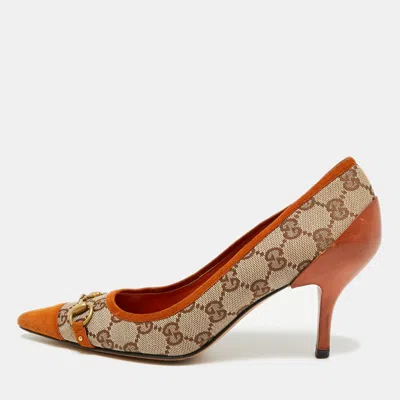 Pre-owned Gucci Horsebit Size 37 Beige/orange Suede And Canvas Pointed Toe Pumps In Sand