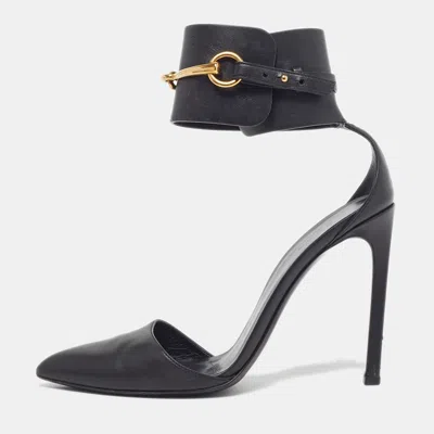 Pre-owned Gucci Horsebit Size 37 Black Leather Ankle Strap Pumps