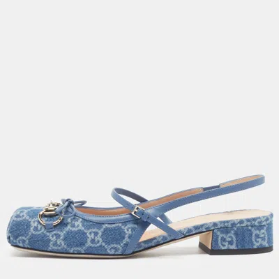 Pre-owned Gucci Horsebit Size 37 Blue Gg Denim Slingback Pumps