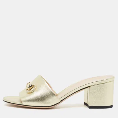 Pre-owned Gucci Horsebit Size 37 Gold Leather Block Heel Slide Sandals