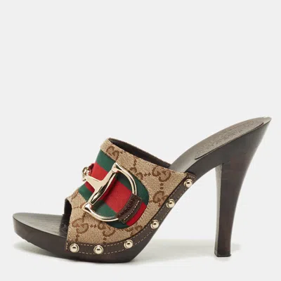 Pre-owned Gucci Horsebit Size 37.5 Beige Canvas Platform Sandals