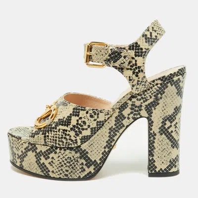 Pre-owned Gucci Horsebit Size 37.5 Beige/black Python Embossed Leather Platform Ankle Strap Sandals