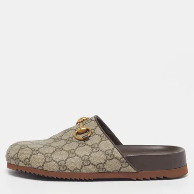 Pre-owned Gucci Horsebit Size 37.5 Beige/brown Gg Supreme Canvas And Leather Flat Mules In Sand