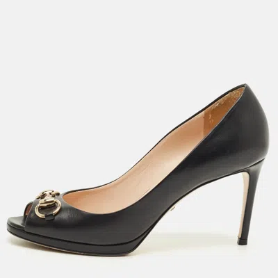 Pre-owned Gucci Horsebit Size 37.5 Black Leather Peep Toe Pumps