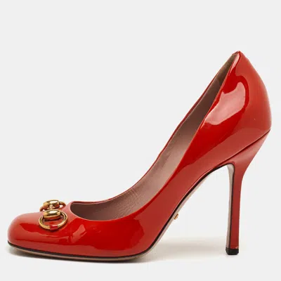 Pre-owned Gucci Horsebit Size 37.5 Orange Patent Leather Pumps