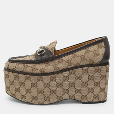 Pre-owned Gucci Horsebit Size 38 Beige Gg Canvas And Leather Loafers In Sand