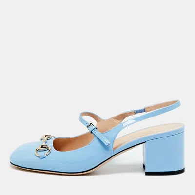 Pre-owned Gucci Horsebit Size 38 Blue Patent Leather Mary Jane Pumps