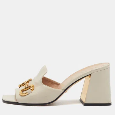 Pre-owned Gucci Horsebit Size 38 Cream Leather Slide Sandals In White