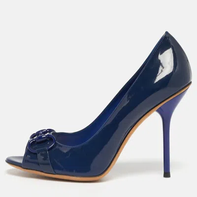 Pre-owned Gucci Horsebit Size 38 Navy Blue Patent Leather Peep Toe Pumps