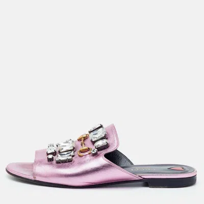 Pre-owned Gucci Horsebit Size 38 Pink Metallic Leather Open Toe Crystal Embellished Mules