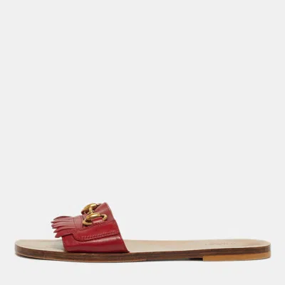 Pre-owned Gucci Horsebit Size 38 Red Leather Flat Slide
