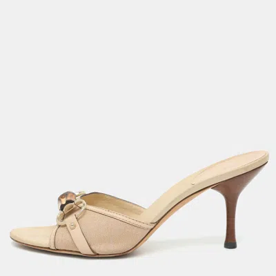 Pre-owned Gucci Horsebit Size 38.5 Beige/metallic Canvas And Leather Slide Sandals