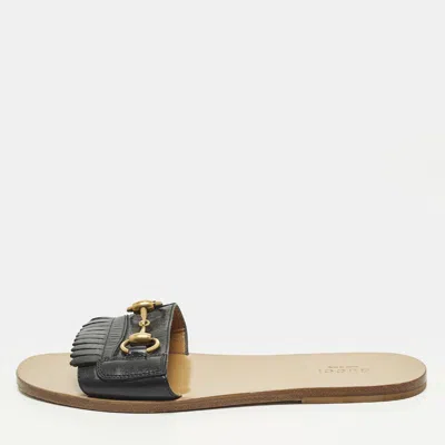 Pre-owned Gucci Horsebit Size 38.5 Black Fringe Leather Flat Slides