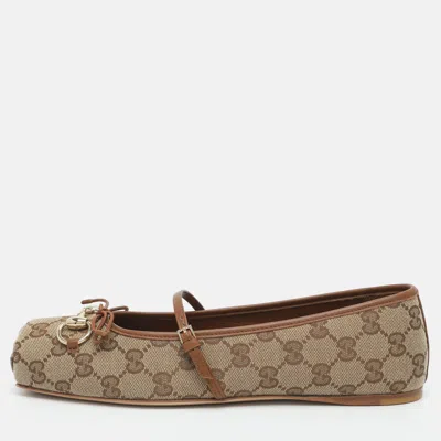 Pre-owned Gucci Horsebit Size 39 Beige/brown Gg Canvas And Leather Ballet Flats In Sand