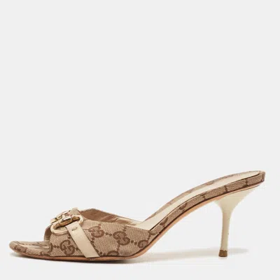 Pre-owned Gucci Horsebit Size 39 Beige/brown Gg Canvas Slide Sandals