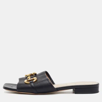 Pre-owned Gucci Horsebit Size 39 Black Leather Square Toe Flat Slide Sandals