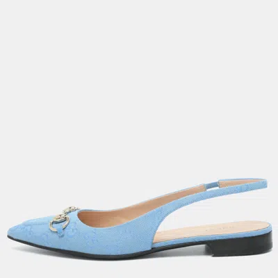 Pre-owned Gucci Horsebit Size 39 Blue Gg Canvas Slingback Flats