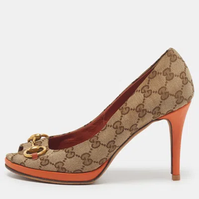 Pre-owned Gucci Horsebit Size 39 Brown/orange Gg Canvas Peep Toe Pumps