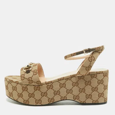 Pre-owned Gucci Horsebit Size 40 Beige/brown Gg Canvas Platform Sandals