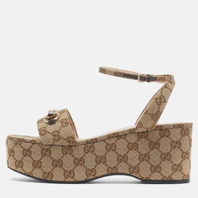 Pre-owned Gucci Horsebit Size 40 Beige/brown Gg Canvas Platform Sandals