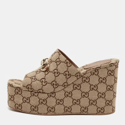 Pre-owned Gucci Horsebit Size 40 Beige/brown Gg Canvas Wedge Sandals