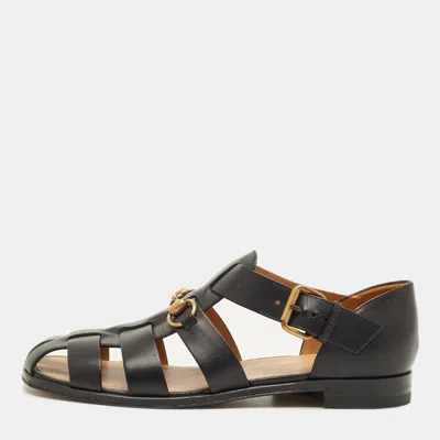 Pre-owned Gucci Horsebit Size 40.5 Black Leather Flat Sandals