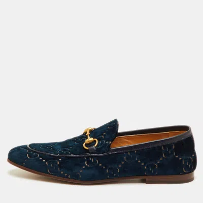Pre-owned Gucci Horsebit Size 42 Navy Blue Gg Velvet And Leather Slip On Loafers