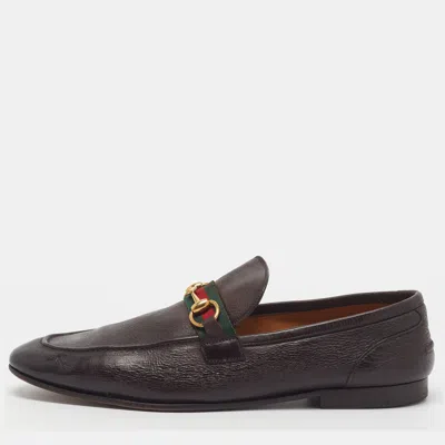 Pre-owned Gucci Horsebit Size 44 Dark Brown Leather Web Penny Loafers