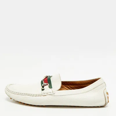 Pre-owned Gucci Horsebit Size 44.5 White Leather Web Driver Loafers
