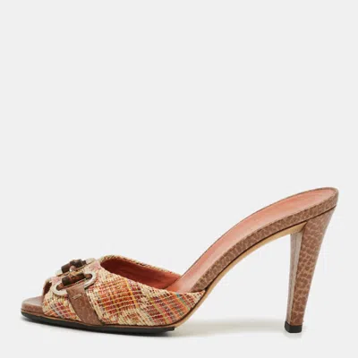 Pre-owned Gucci Horsebit Size Beige/brown Leather And Raffia Slide Sandals