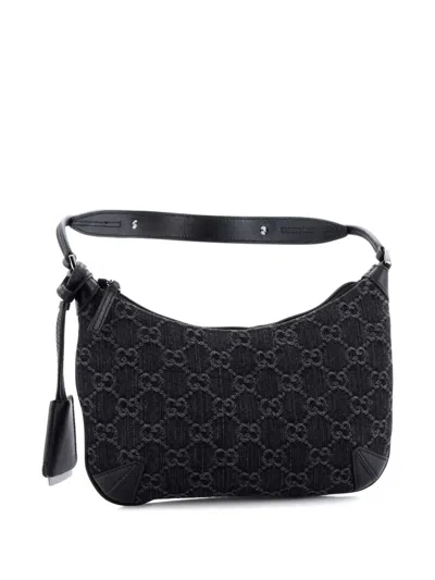 Pre-owned Gucci Horsebit Slim Gg Denim With Leather Small Shoulder Bag In Black