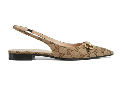 Pre-owned Gucci Horsebit Slingback Flat Gg Canvas (women's) Sneakers In Beige/ebony