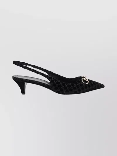 Gucci Horsebit Slingback Suede Kitten Heel Sandals In Black