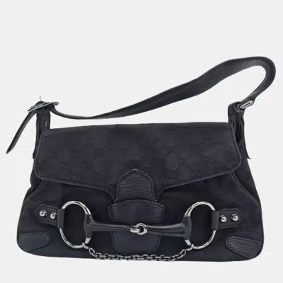 Pre-owned Gucci Horsebit Small Gg Canvas Shoulder Bag In Black